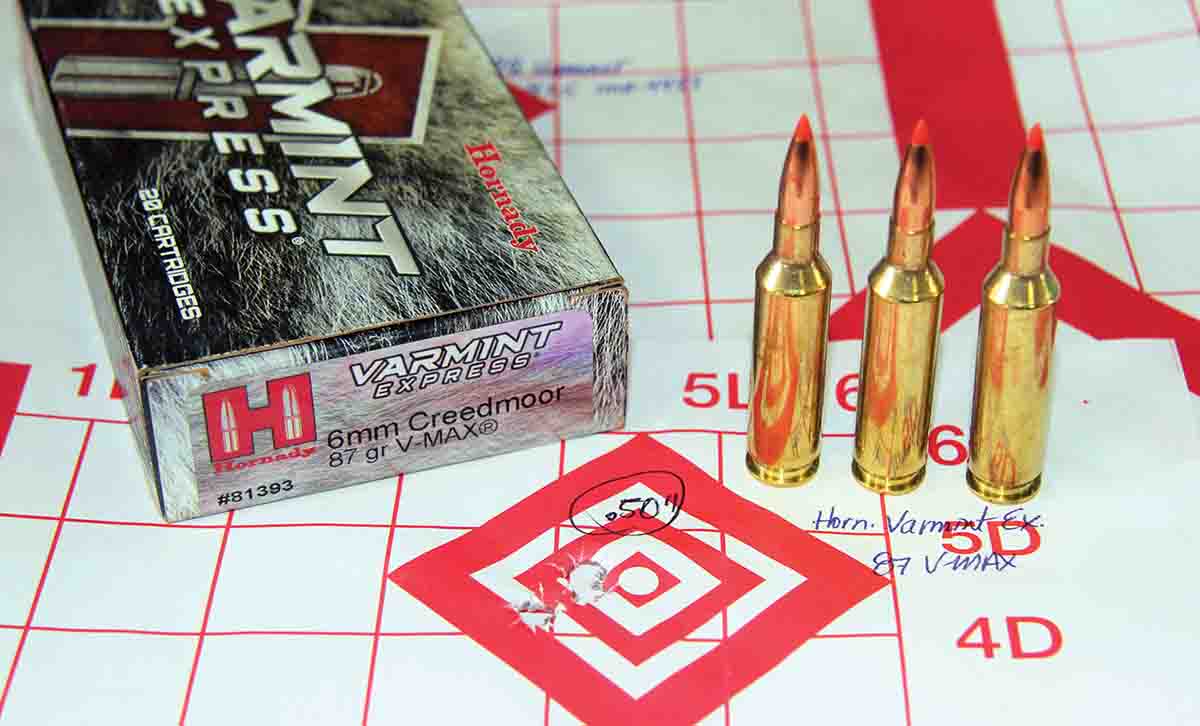 Hornady’s Varmint Express factory loads shooting 87-grain V-MAX bullets produced this .50-inch group.